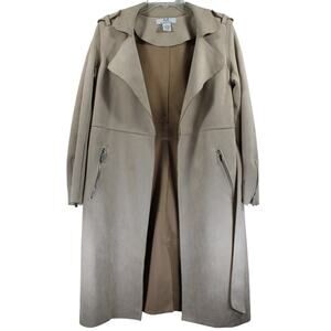 Magaschoni Faux Suede Belted Trench Coat Taupe Zip Pockets Size S